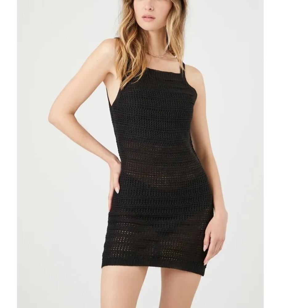 HYFVE Black Crochet Squared Neck Coverup Swim Beach Vacation Size S